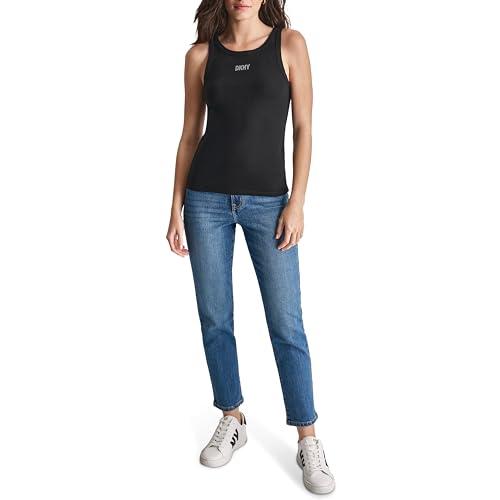 dkny women's tank soft sleeveless logo, black/silver