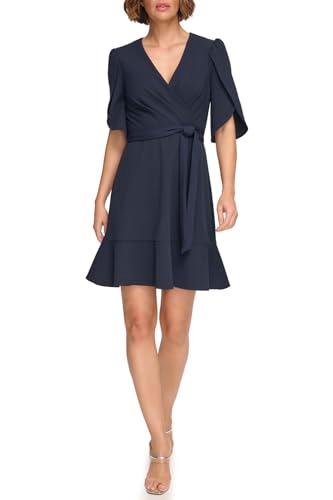 dkny women's tulip half sleeve faux wrap mini dress, navy, 8