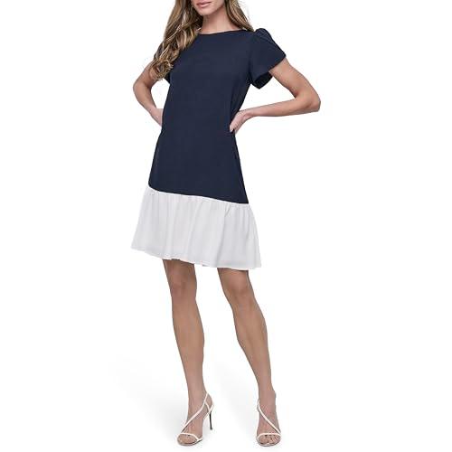dkny women's tulip sleeve ruffle hem mini dress, navy/ivory