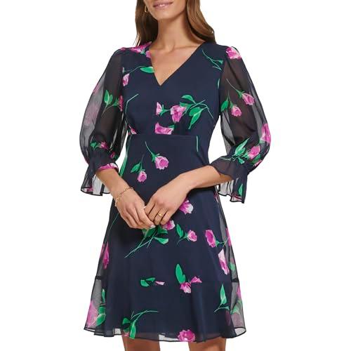 dkny women's v-neck balloon sleeve dress with ruffle hem, navy/raspberry multi, 16