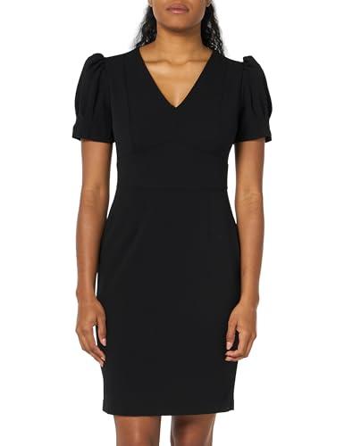 dkny women's v-neck short puff sleeve dress, black, 8