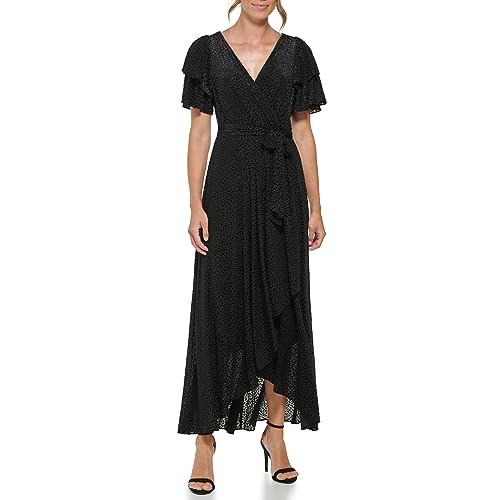 dkny women's velvet burnout faux wrap v-neck dress, black, 2