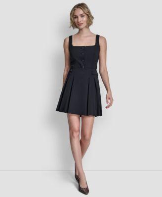 dkny womens button front vest top pleated mini skirt