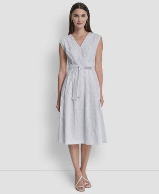 dkny womens cap sleeve v neck embroidered midi dress