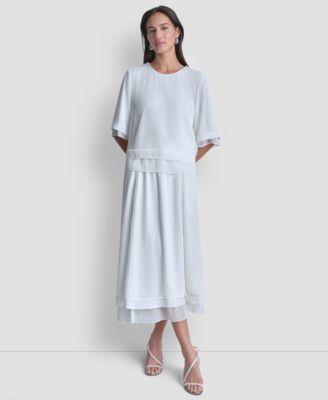 dkny womens crewneck layered top layered window pane ankle skirt