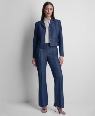 dkny womens denim cropped button front jacket sleeveless neck detail poplin top denim pintuck flared trousers