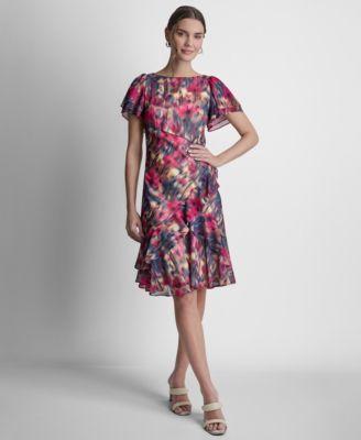 dkny womens double flutter short sleeve ruffle hem dress