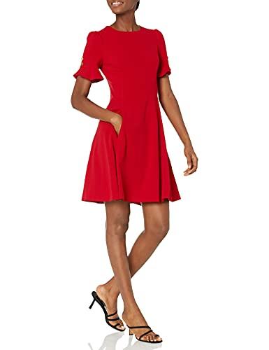 dkny womens flounce sleeve fit and flare with belt dress, scarlet, 4 us