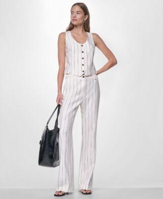 dkny womens heavy topstitch striped v neck vest striped pants