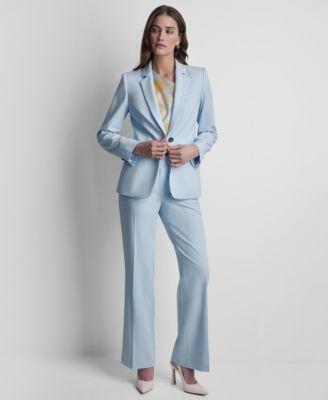 dkny womens long sleeve one button jacket printed asymmetric neck sleeveless top straight leg flared pants