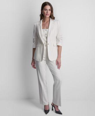 dkny womens pinstripe one button notch collar jacket sleeveless pinstripe button front vest pinstripe flared fit pants