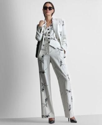 dkny womens pinstripe single button blazer pinstripe v neck sleeveless vest pinstripe floral mid rise flared pants