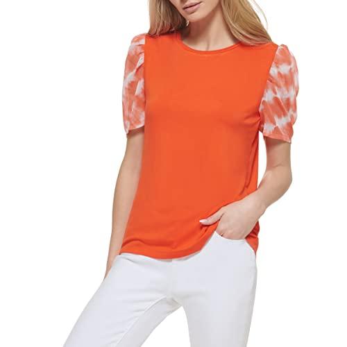 dkny womens printed mixed media puff s/s, m o/m o c, medium us