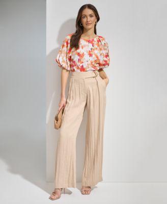 dkny womens printed scoop neck short puff sleeve top drapey organza belted wide leg pants