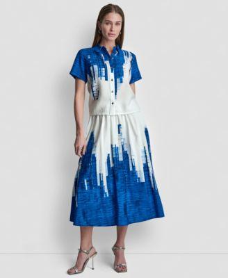 dkny womens printed short sleeve camp shirt printed abstract pull on midi skirt