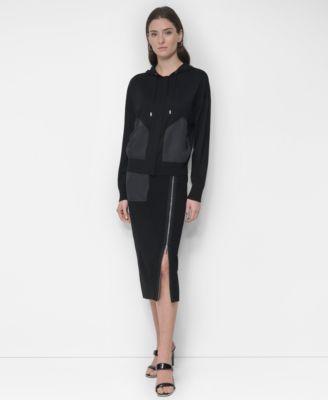 dkny womens pull on zip trim fitted midi pencil skirt hooded sweater