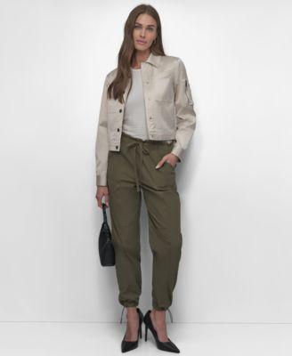 dkny womens sateen cropped snap front jacket cutaway seamless tank top tie front cargo pants