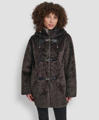 dkny womens shearling hooded toggle coat p xs xxl