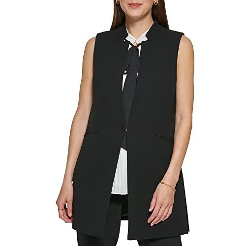 dkny womens sleeveless pleated top with tie neck, black, 14