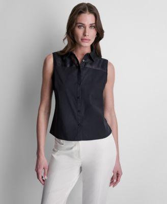 dkny womens sleeveless poplin button front top