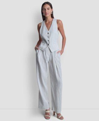 dkny womens striped sleeveless button down vest striped wide leg pants