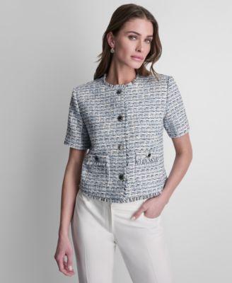 dkny womens tweed button front cropped jacket