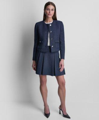 dkny womens waffle boucle button front cropped jacket waffle boucle tweed pleated short skirt