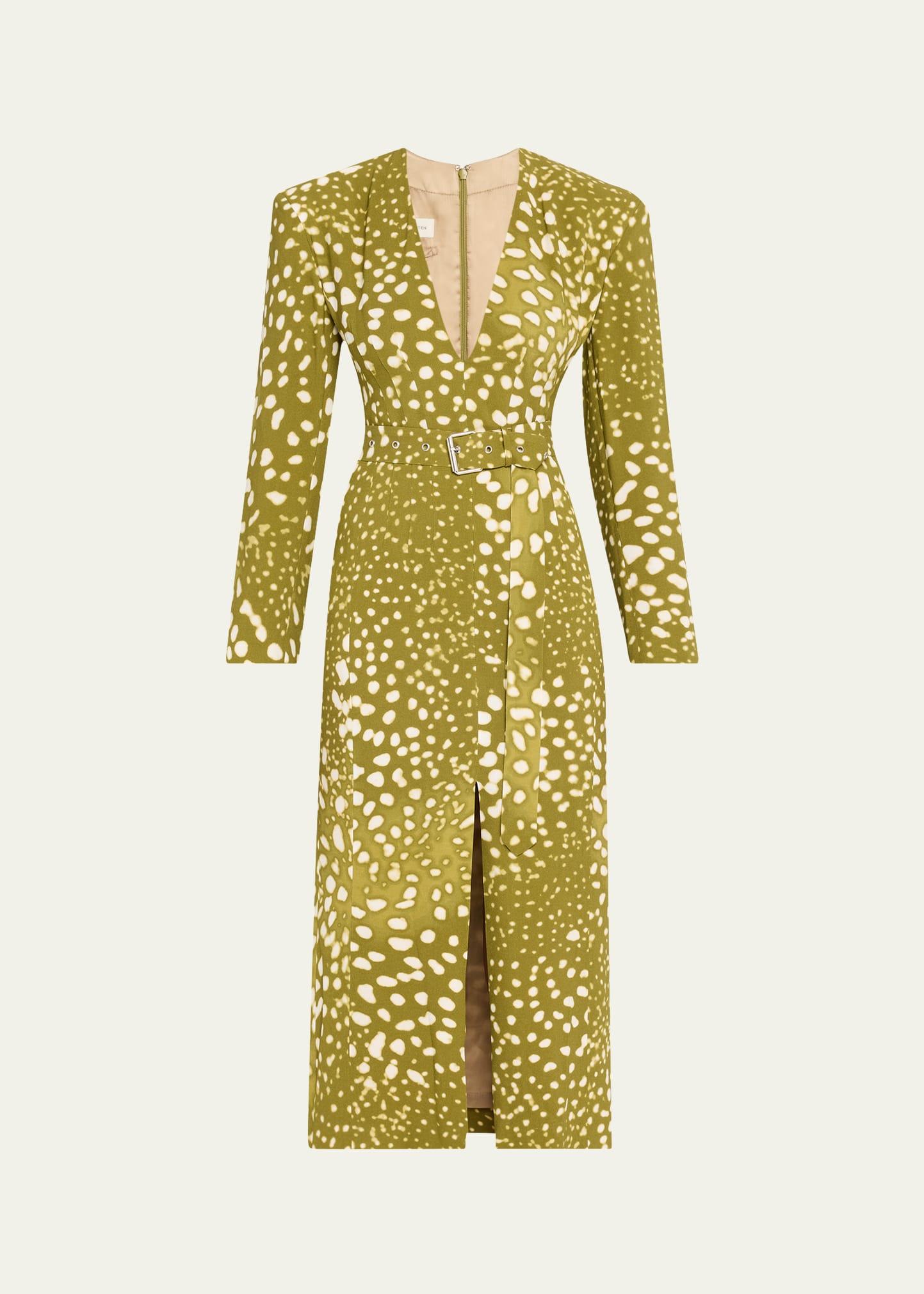 dohana spot print belted midi dress