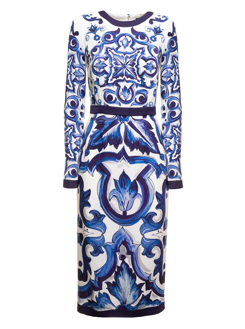 dolce & gabbana abito midi in charmeuse stampa maiolica