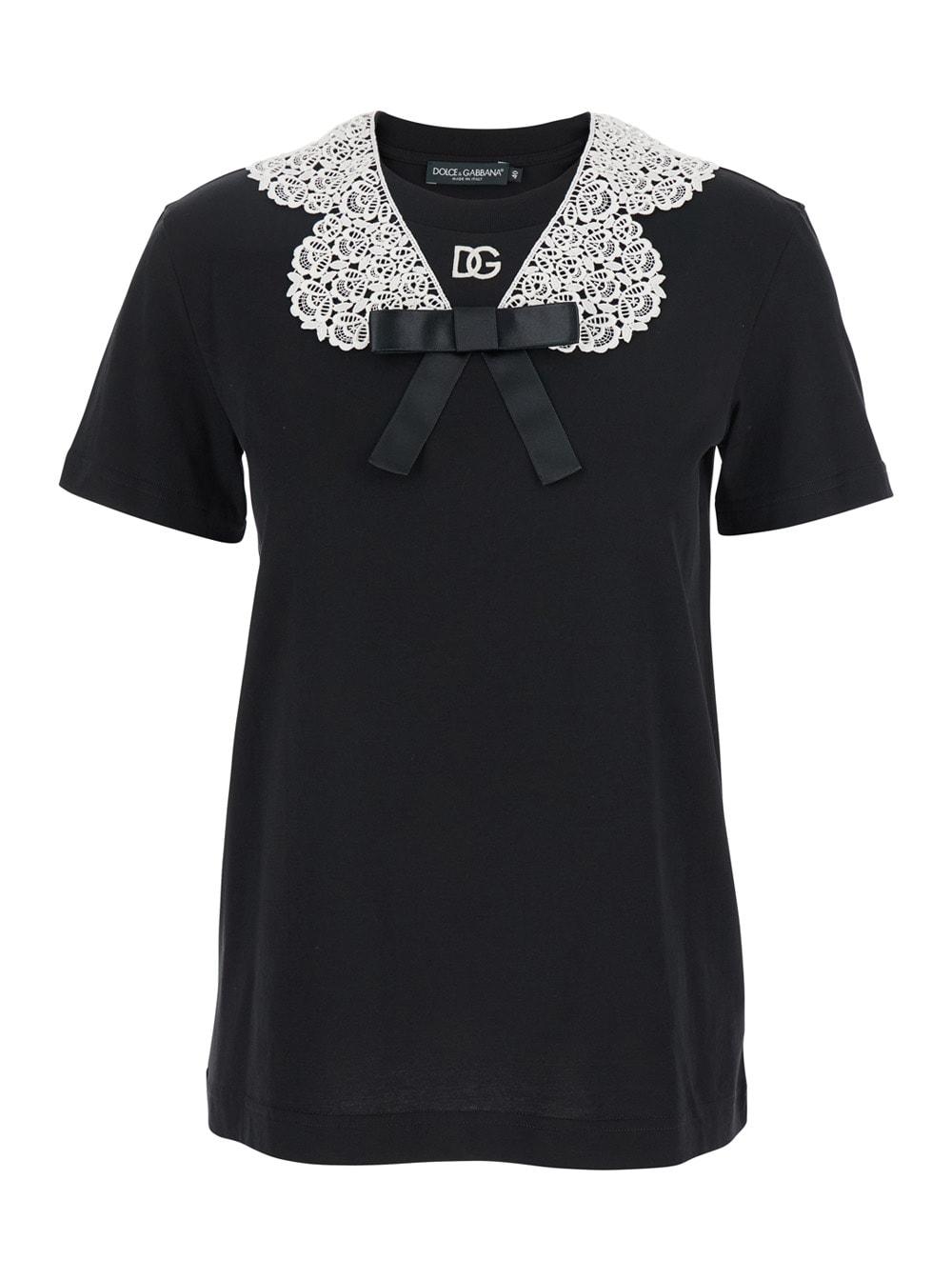 dolce & gabbana black t-shirt with bow on the front and lace details in cotton woman