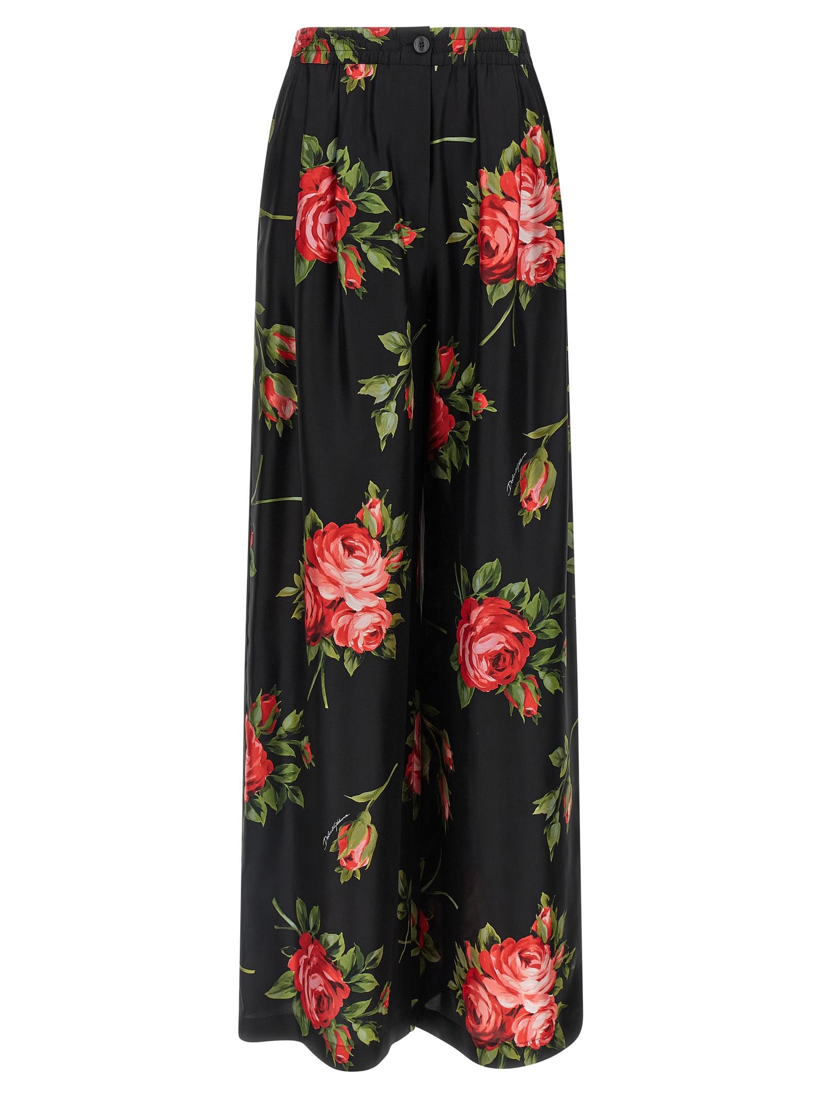 dolce & gabbana bouquet rose pants black silk - women