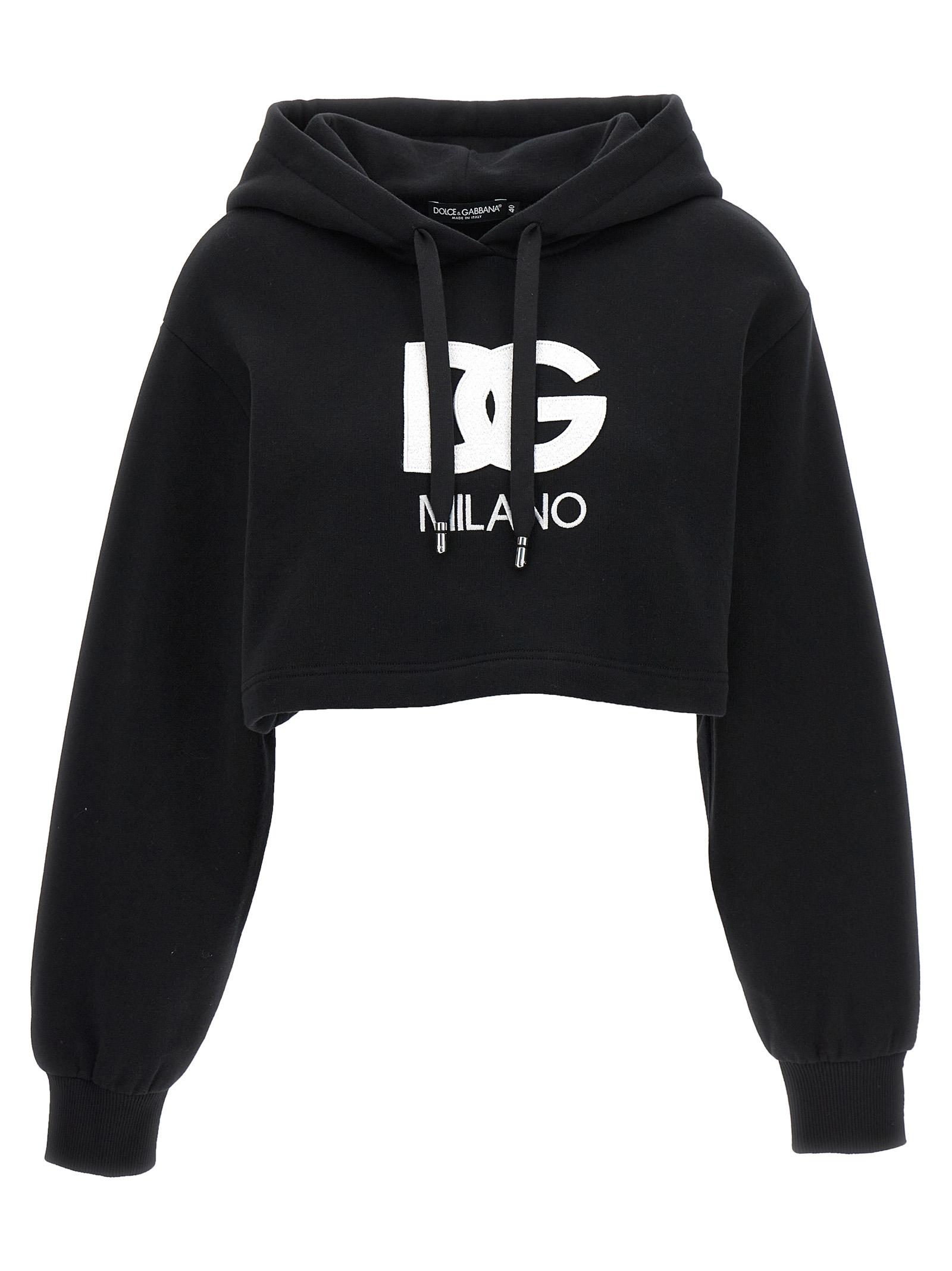 dolce & gabbana logo embroidery cropped hoodie black cotton sweatshirt - women