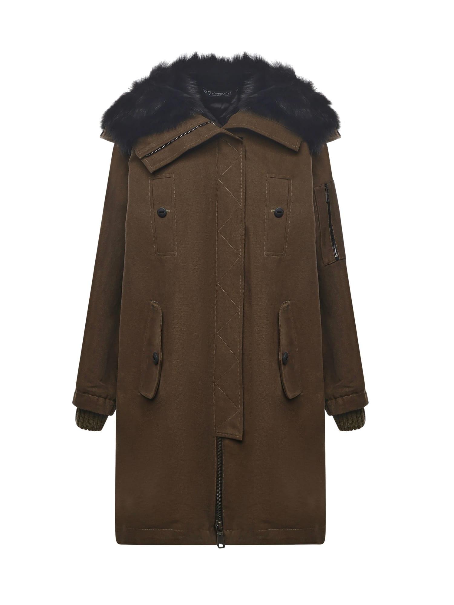 dolce & gabbana long down jacket with fur trim