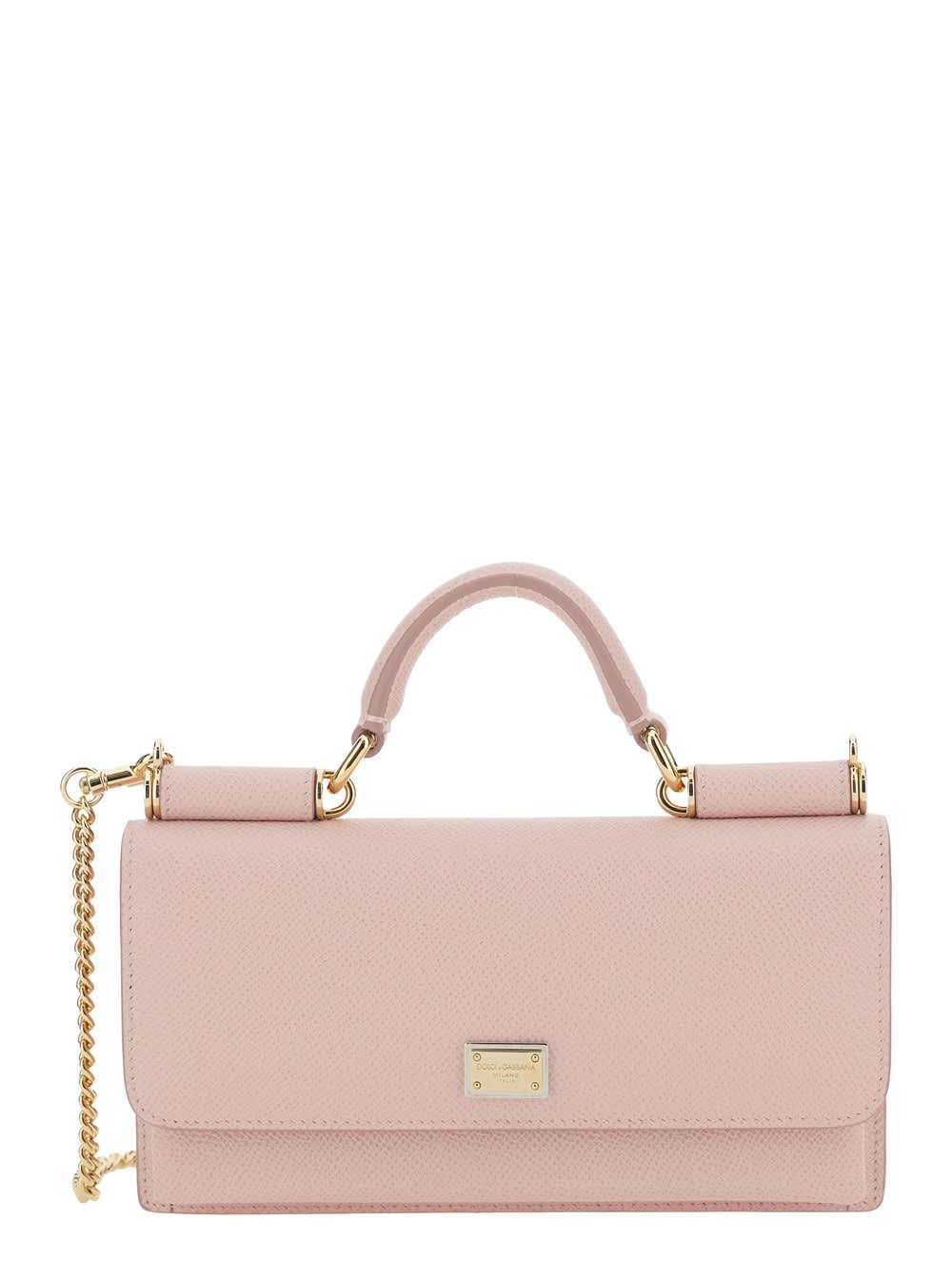 dolce & gabbana pink crossbody bag with logo plaque in grained leather woman