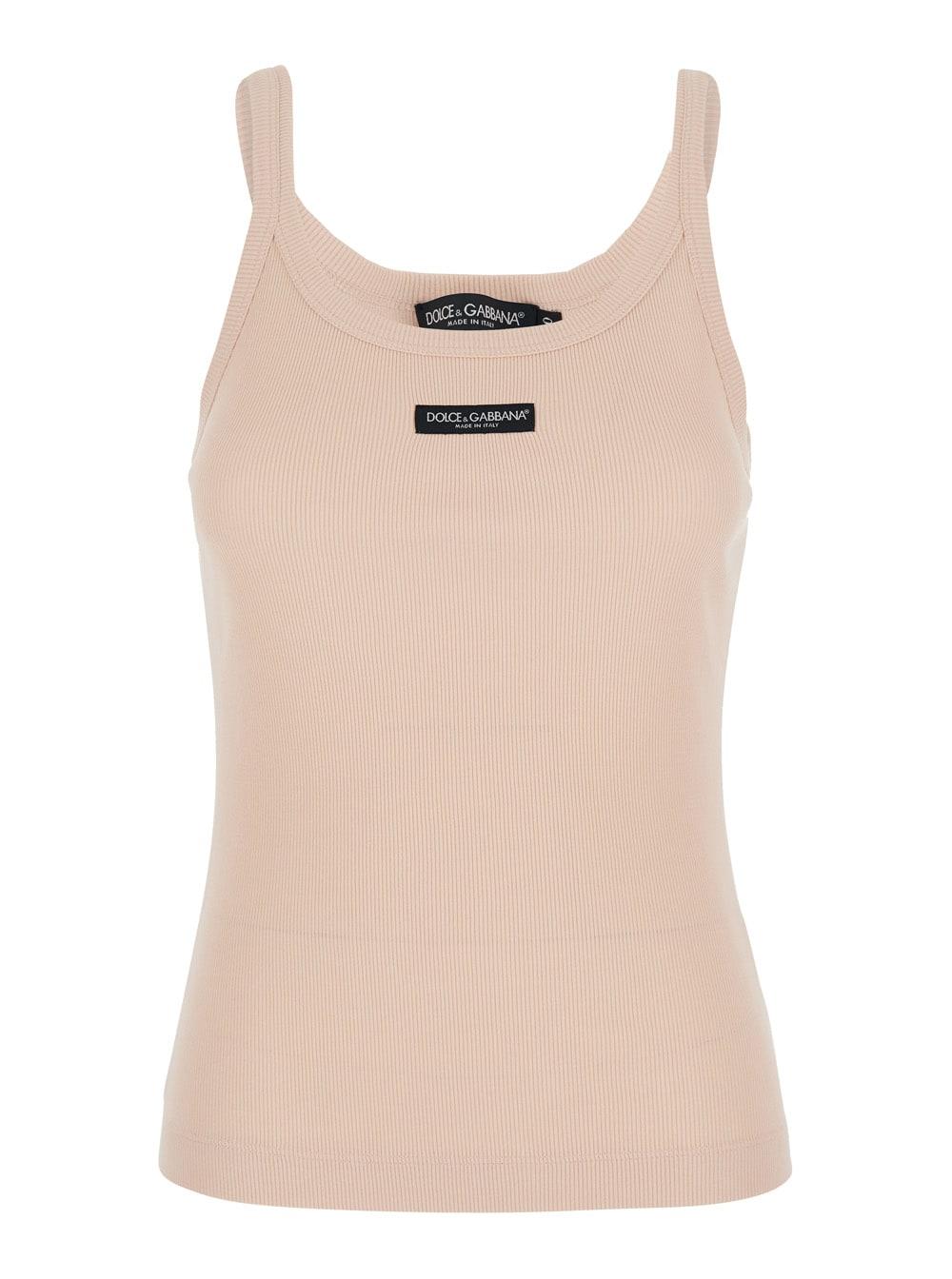 dolce & gabbana pink sleeveless top with round neck and logo patch on the front in cotton for women
