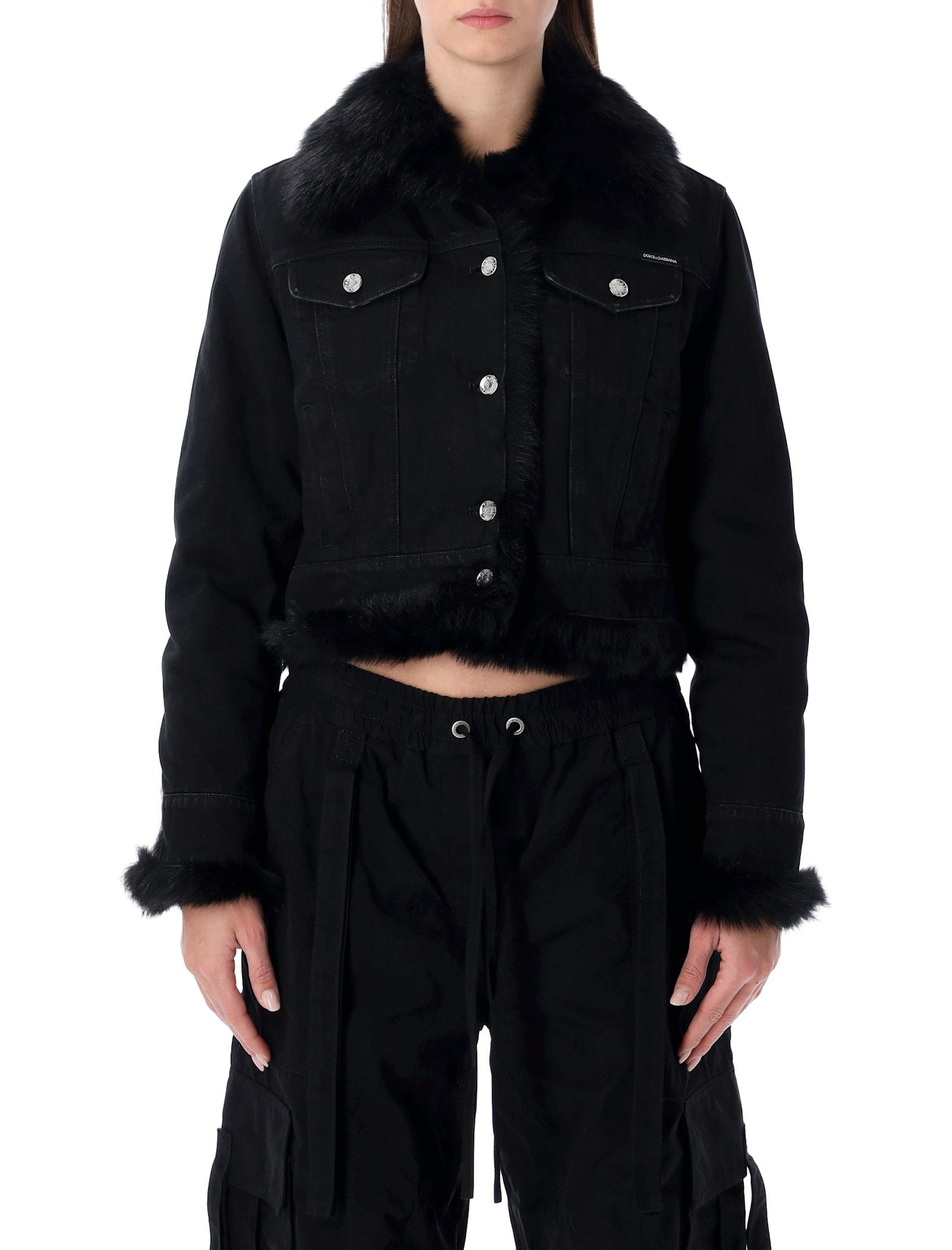 dolce & gabbana short black denim jacket with faux fur