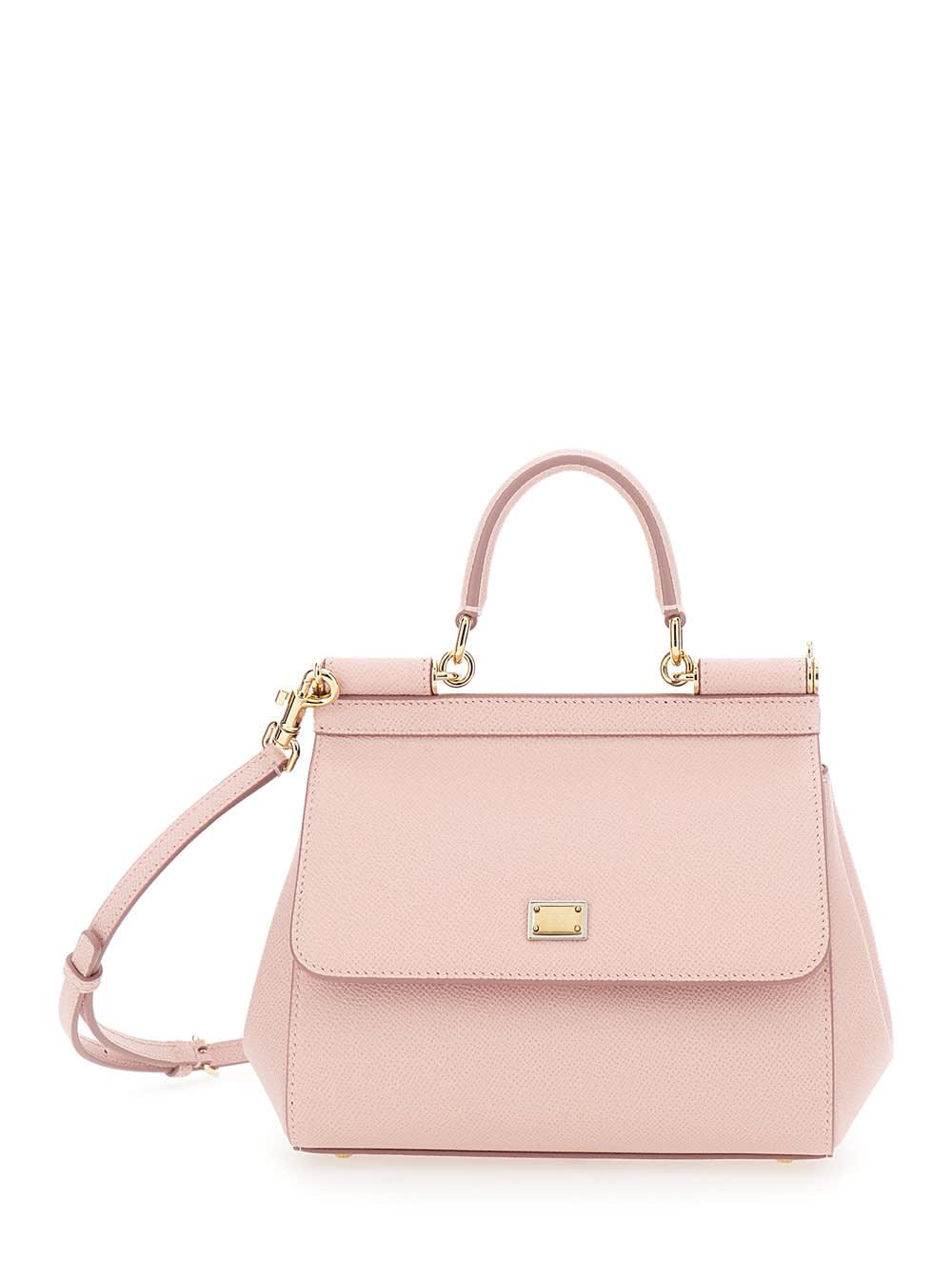 dolce & gabbana sicily pink small handbag with adjustable and removable shoulder strap and logo plaque on the front in grained leather woman