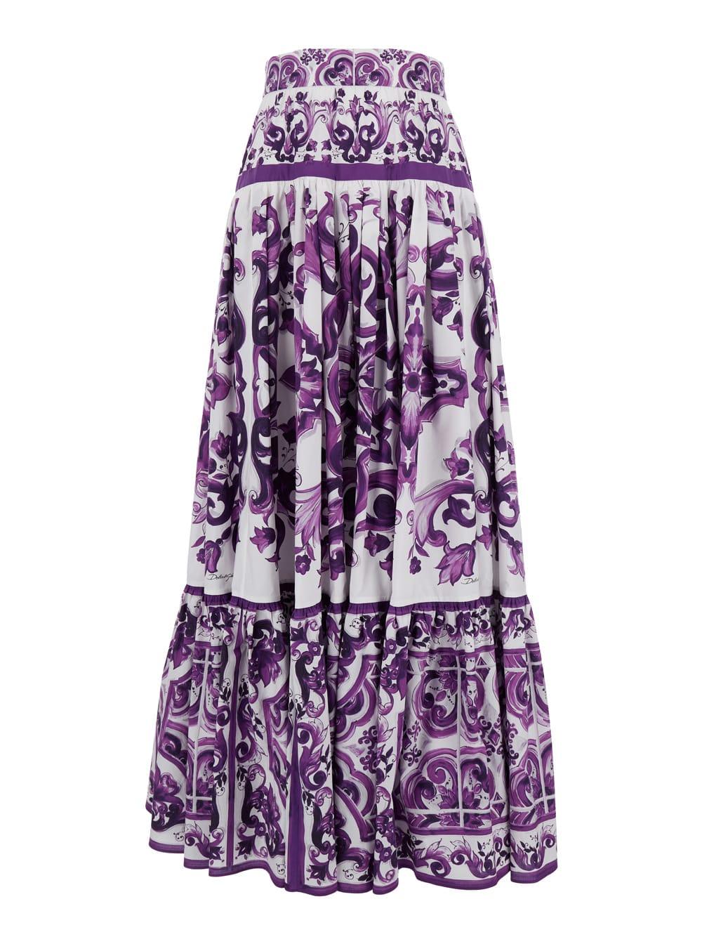 dolce & gabbana violet long skirt with ruffle hem and all-over floral motif in cotton woman