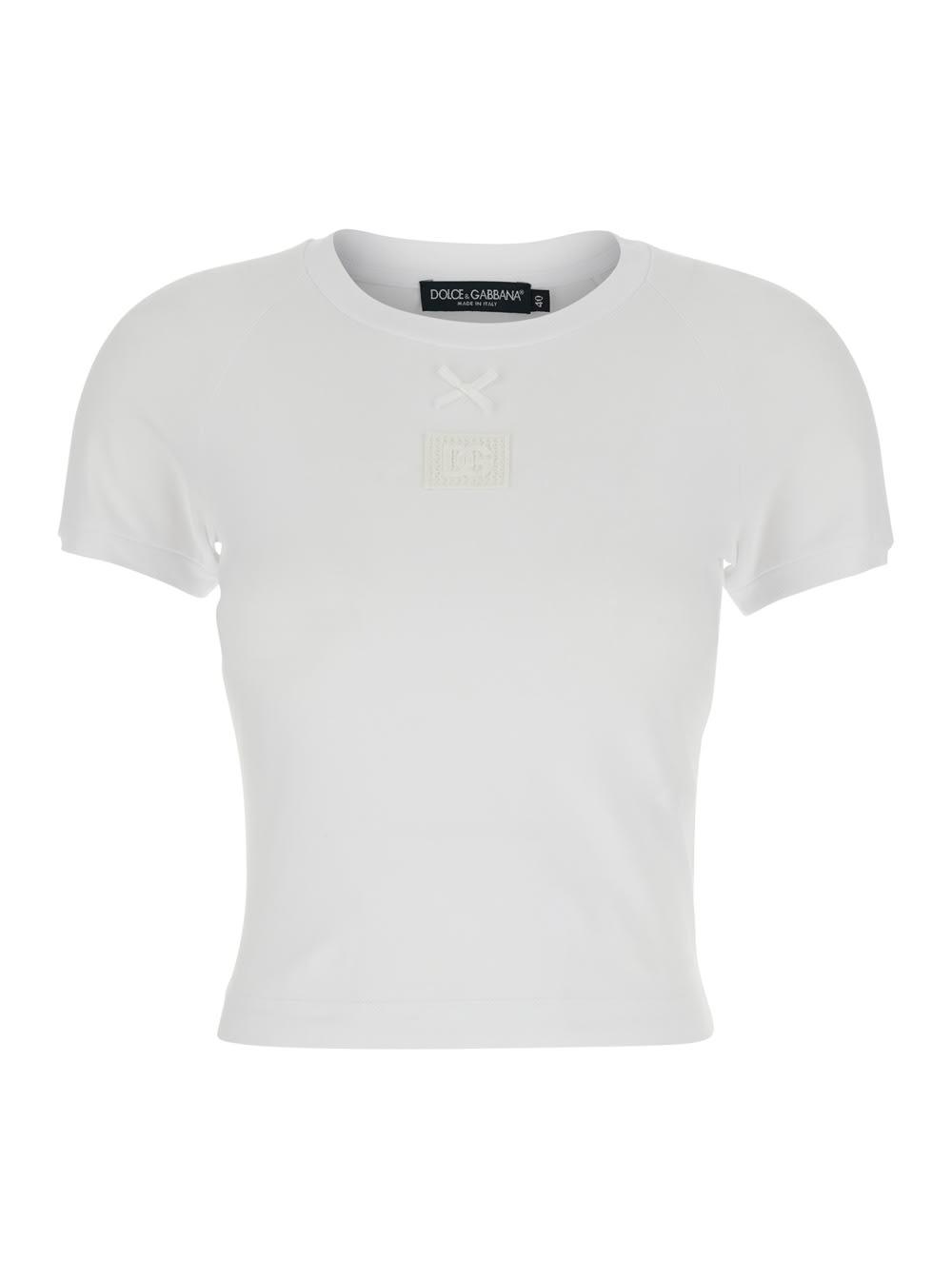 dolce & gabbana white cotton crew neck t-shirt with bow and logo on front for women