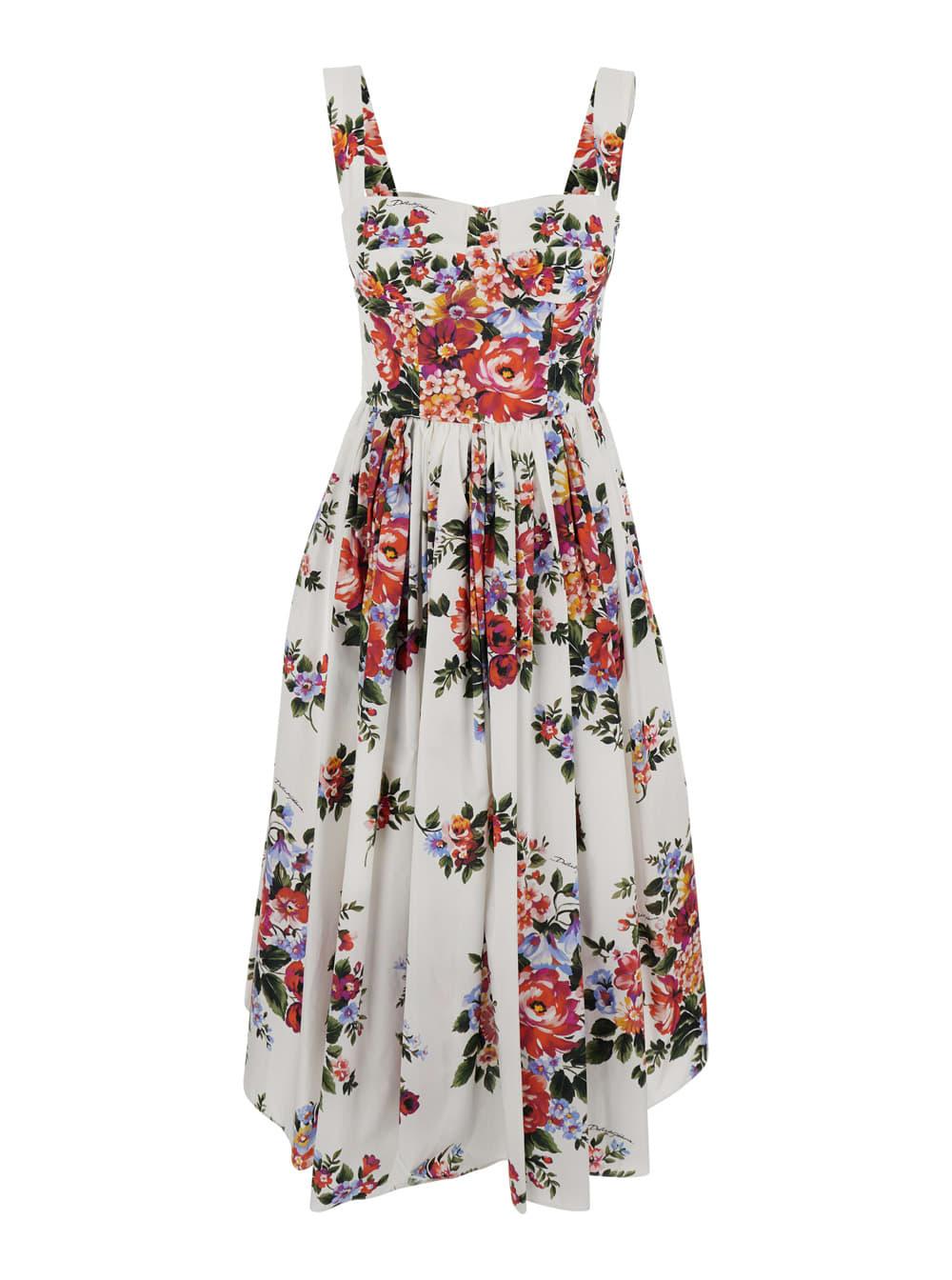 dolce & gabbana white dress with all-over floral print in cotton for women