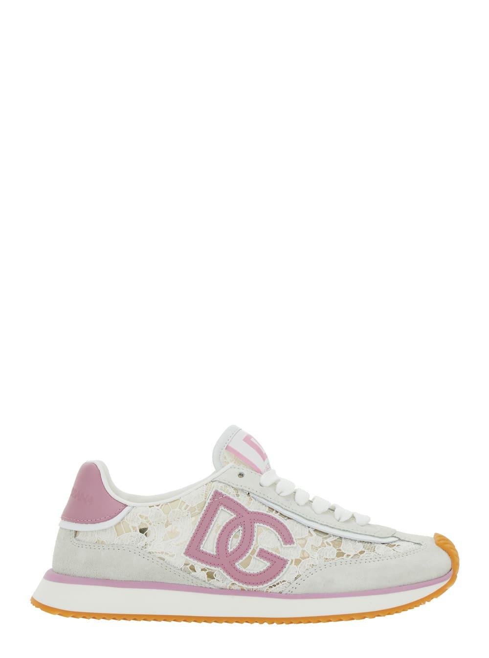 dolce & gabbana white low top with lace details and dg patch on the side in fabric and suede blend woman