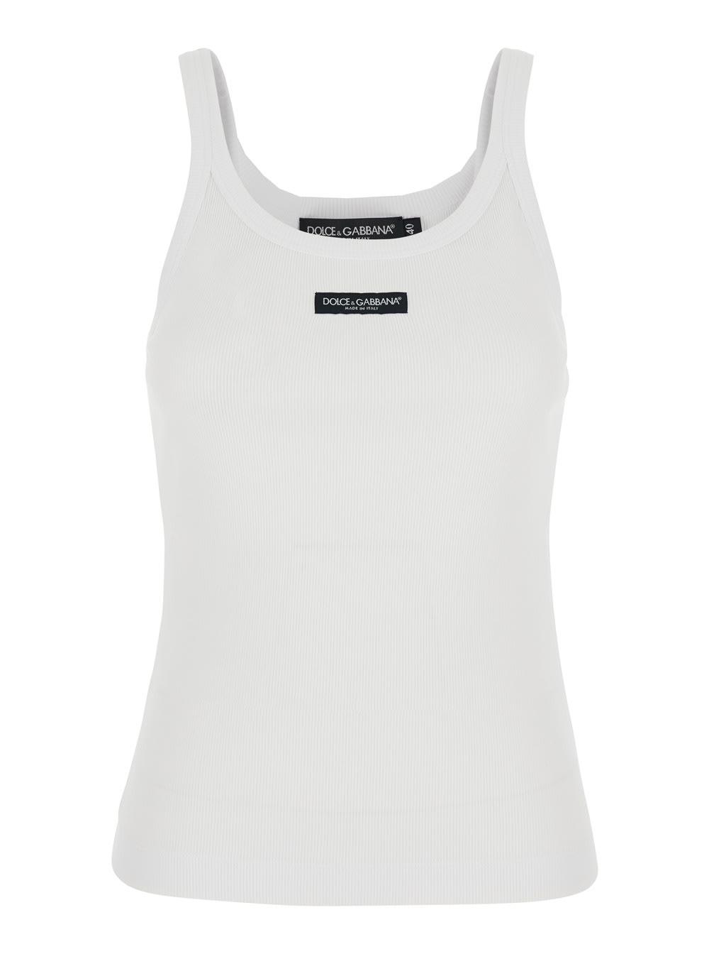 dolce & gabbana white sleeveless top with logo patch on the front and round neck in cotton for women