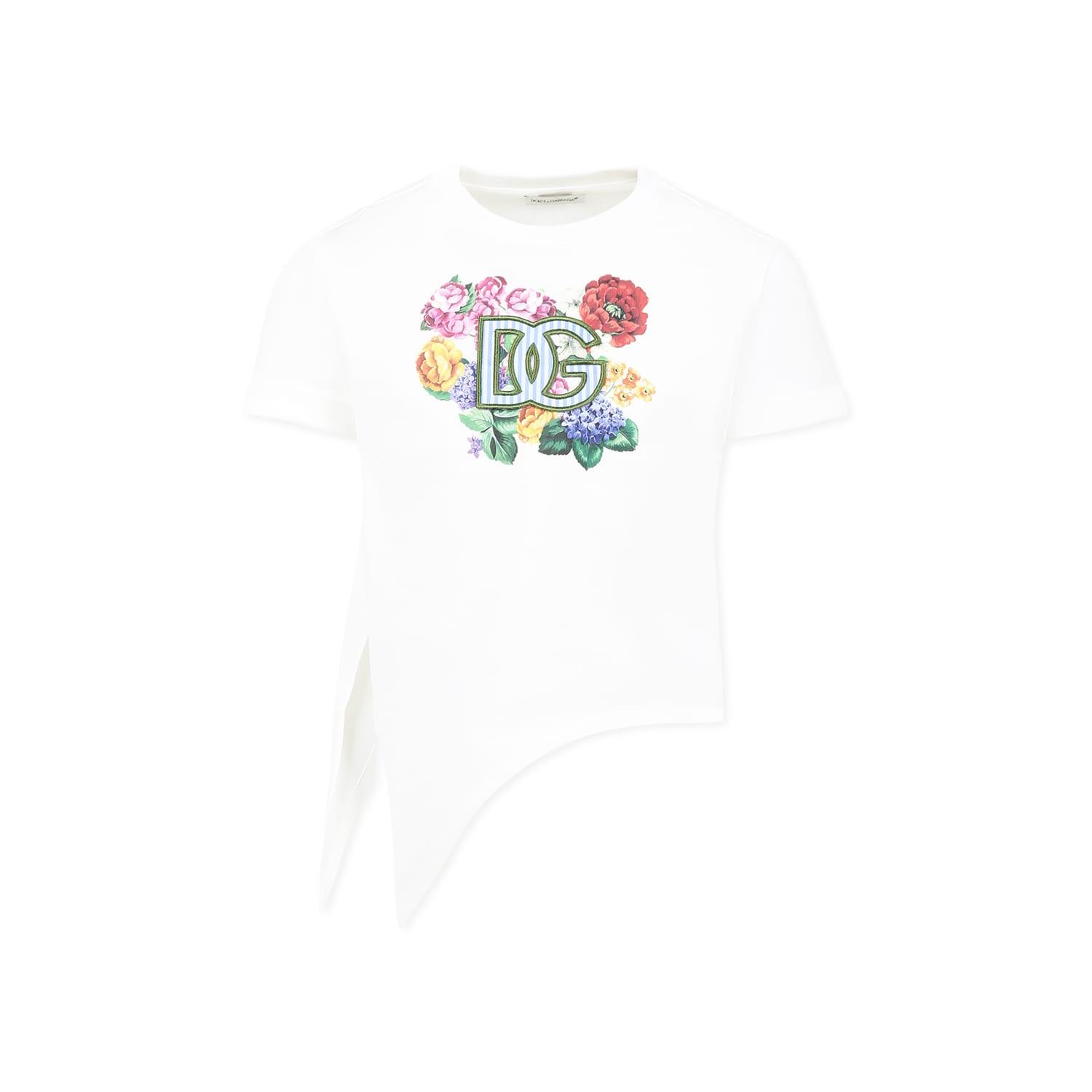 dolce & gabbana white t-shirt for girl with logo and flowers