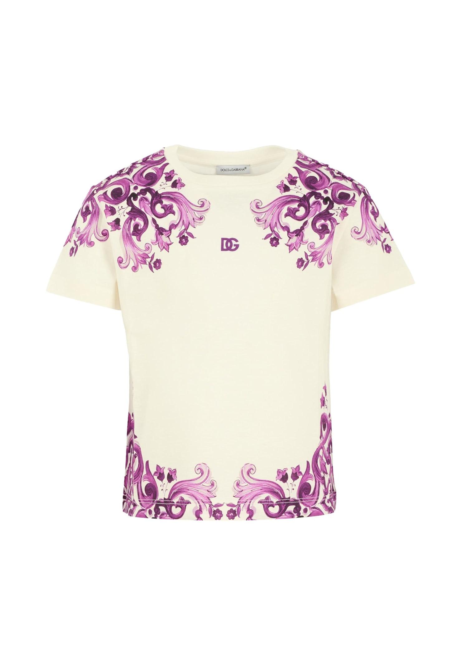 dolce & gabbana white t-shirt for girl with logo dg and purple majolica