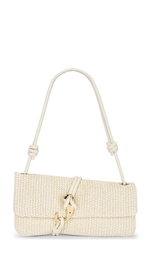 dolce vita raffia baguette bag in tan.