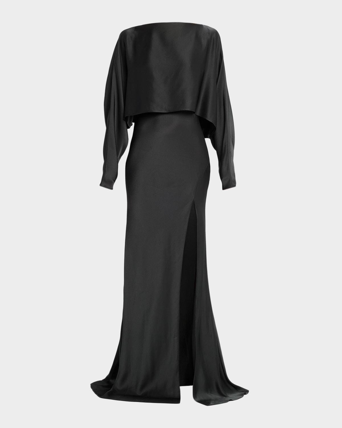 dolman-sleeve satin cape gown
