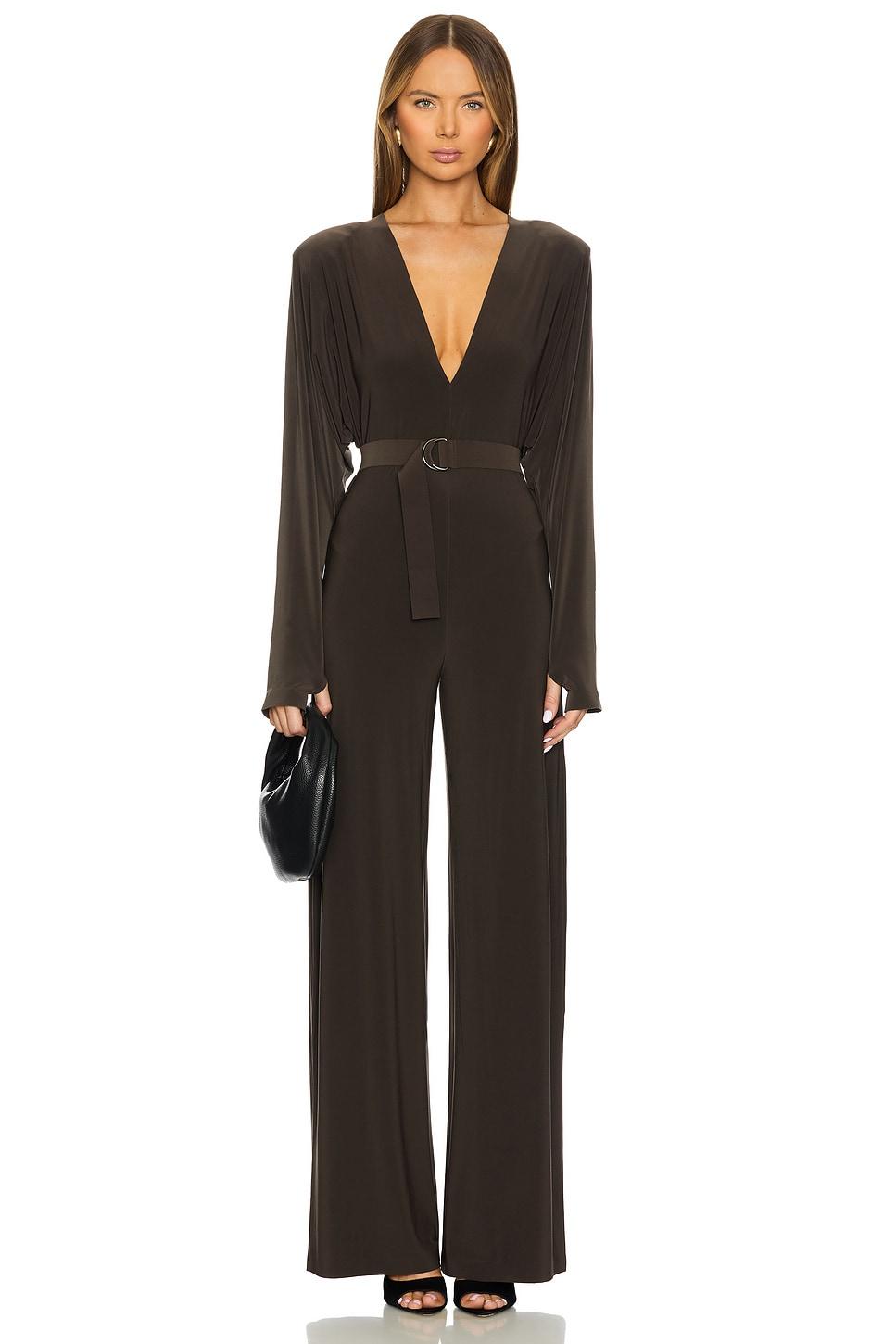 dolman v neck jumpsuit with shoulder pads