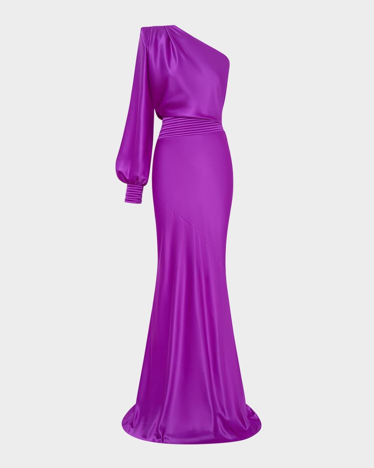 don't look now draped one-shoulder satin gown