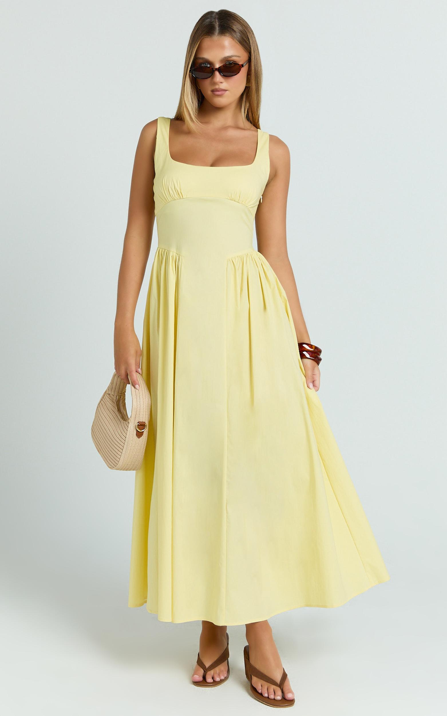 donatella midi dress - ruched bust fit and flare dress in lemon