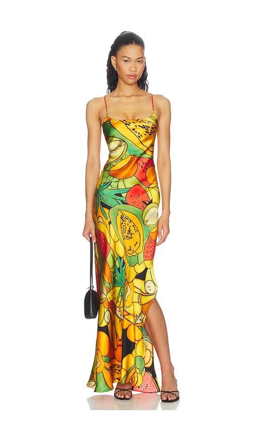 donde esteban frutas silk satin long dress in orange.